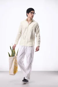 Men's Light Green Striped Cotton Casual Shirt