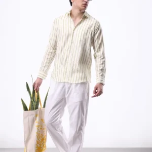 Men's Light Green Striped Cotton Casual Shirt