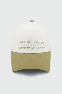 White & Khaki "Out of Office, Getting a Latte" Embroidered Cap – Adjustable Unisex Hat